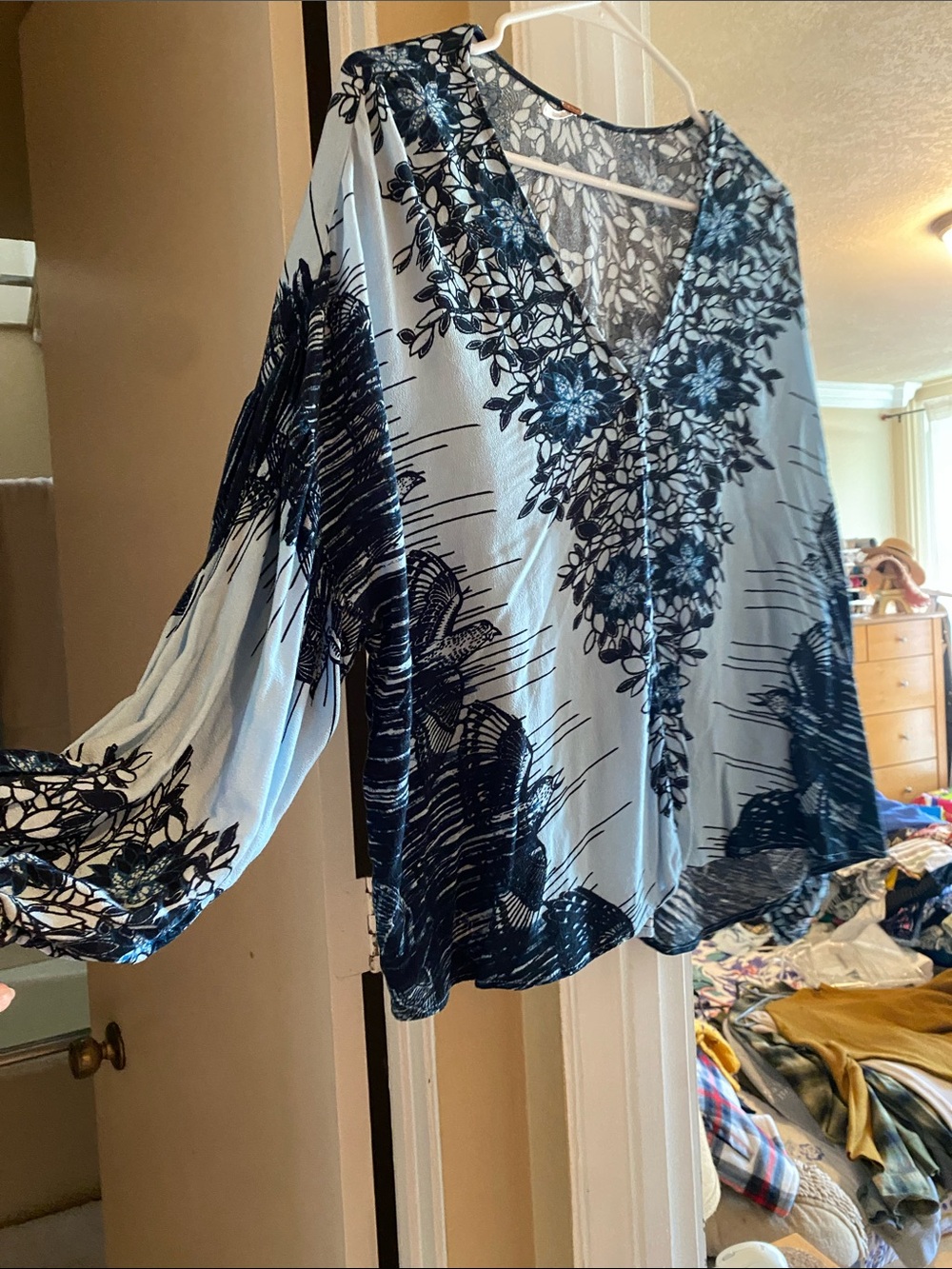 Free People Light Blue and Navy Floral V-Neck Blouse